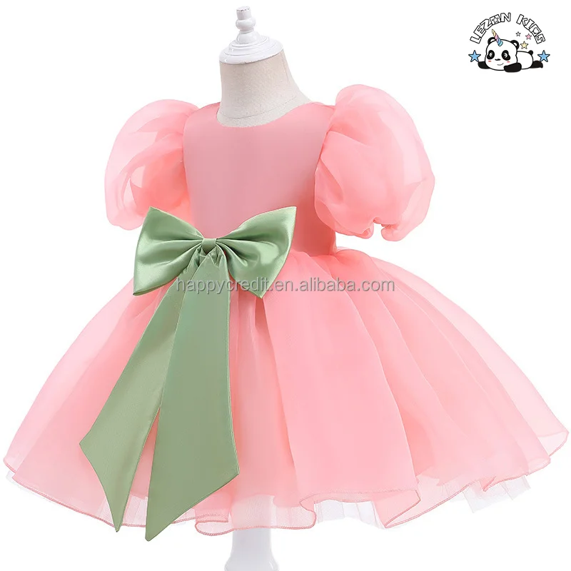 LEZONKIDS - Vestido Floral de Menina com Mangas de Bolha Cor Sólida e Saia de Princesa em Gaze de Malha